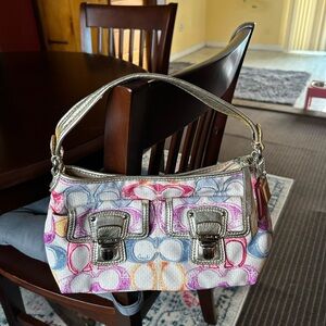 Coach Metallic Silver and Colorful Pattern Shoulder Bag